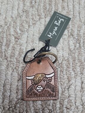 Myra Bag Brown Leather Highland Cow Key Fob with Gold Ring NEW